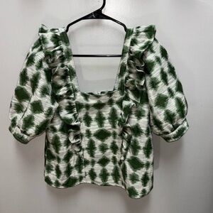 Sezane Green and White Ruffled Blouse